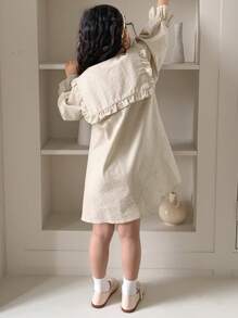 DAZY Young Girl Doll Face Animal Embroidery Striped Long Sleeve Woven Dress, Spring/Summer - Beige - View 4