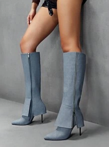 CUCCOO SZL Pointy Toe Stiletto Knee High Boots For Women, Fashion Design For Christmas And New Year Holiday Vibe Fall And Winter - Grey - View 1