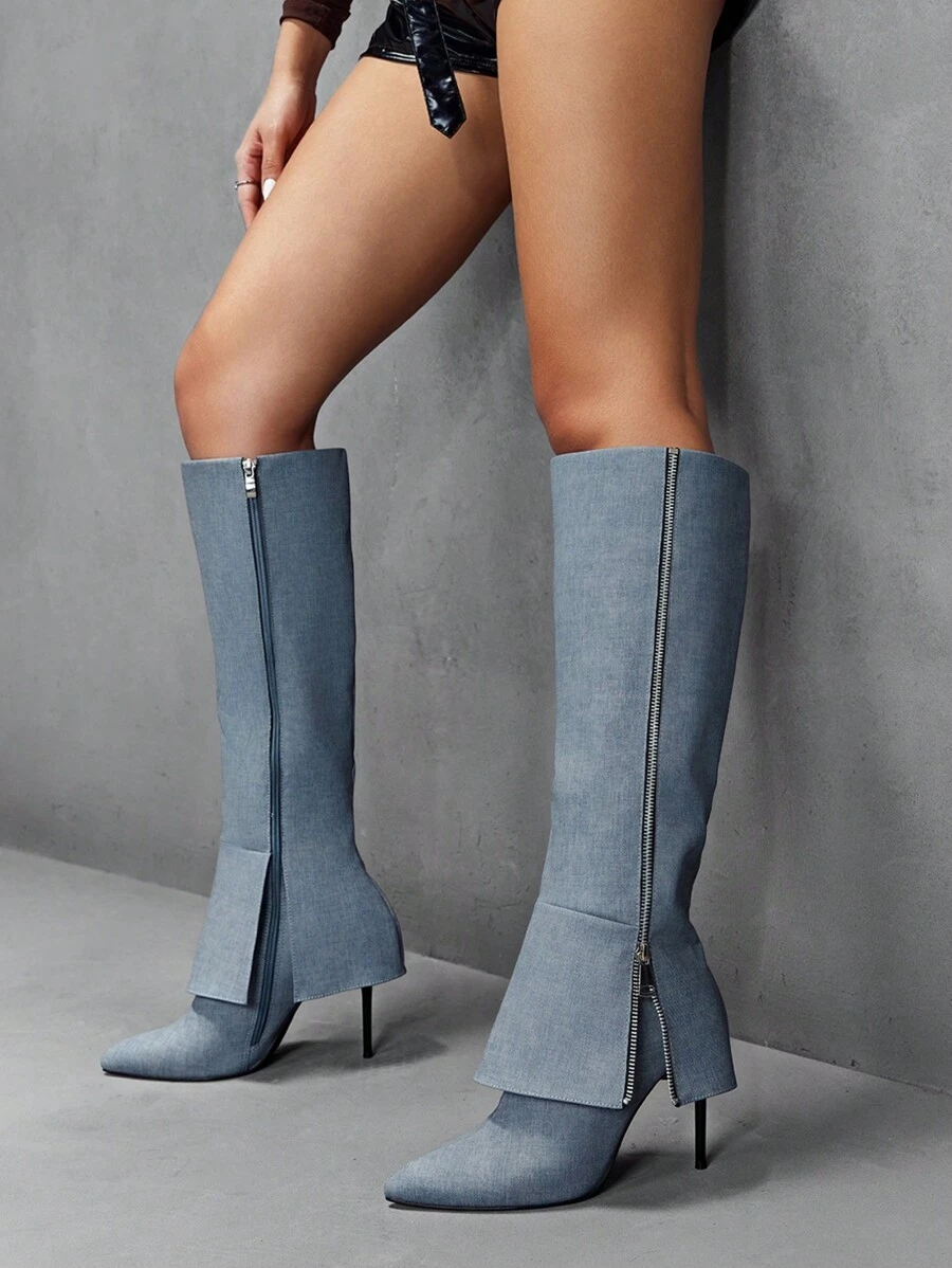 CUCCOO SZL Pointy Toe Stiletto Knee High Boots For Women, Fashion Design For Christmas And New Year Holiday Vibe Fall And Winter - Grey - View 1