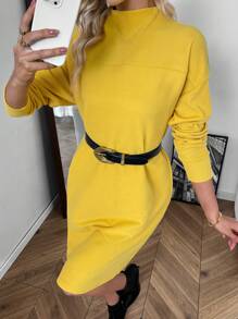 SHEIN LUNE Women's Solid Color Stand Collar Dropped Shoulder Long Sleeve Loose Fit Slimming Straight Casual Dress, Autumn - Yellow - View 4