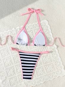 SHEIN Swim Conjunto de bikini de playa con escote halter sin espalda, estampado a rayas y patchwork, para mujer, de verano - Multicolor - Ver 6