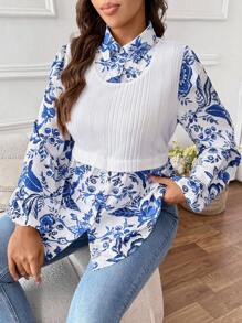 SHEIN VCAY Blusa casual de manga larga de talla grande para mujer con diseño 2 en 1 empalme, atuendo romántico para el Día de San Valentín para uso diario