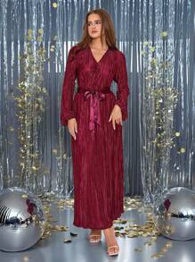 SHEIN Clasi 翻领裹腰收腰中长连衣裙，秋季时尚 - 紅色 - 查看 6