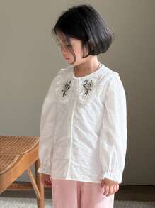 DAZY Young Girl Front Button Long Sleeve Embroidered Casual Shirt - White - View 3