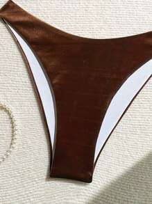 SHEIN Swim 比基尼套装 - 修身吊带性感上衣和高腰下装两件套比基尼套装夏季 - 咖啡棕 - 查看 7