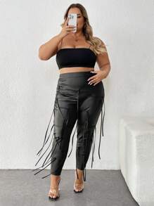 SHEIN CURVE+ Plus Size Women's Slim Fit Pants With Cross Tie Design, Suitable For Parties, Gatherings, Daily Leisure