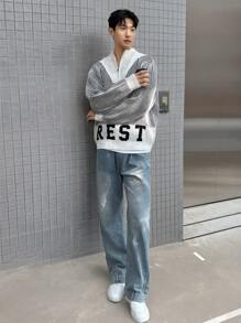 Manfinity Hypemode Men's Front Zip Closure Long Sleeve Solid Color Patchwork Letter Design Detail Casual Rib Knit Sweater