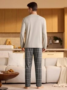 SHEIN Men's Plaid Long Sleeve Shirt & Pants Pajama Set, Fall Winter Clothes - Apricot - View 2