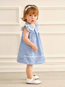 SHEIN 女婴夏季新款蓝色碎花公主裙，荷叶边袖，宽松荷叶边下摆和蕾丝边，甜美时尚 - 藍色 - 查看 6