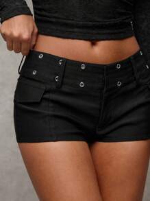 SHEIN BAE Women's Black Summer Casual Night Twill Low Waist Grommet Decor Skinny Mini Super Short Shorts,Vintage Style, Outfits For ,Club,Party - Black - View 6