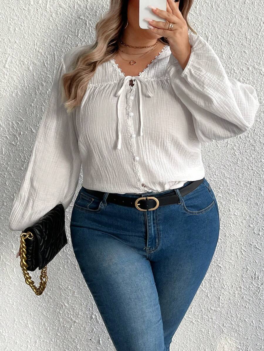 SHEIN CURVE+ FIT+ Women's White V-Neck Ruffle Casual Elegant Office Shirt Fall Cloth For Women