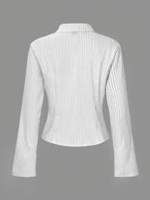 Chiquease Women's Button Front Long Sleeve Striped Casual Shirt,Long Sleeve Tops Fall Cloth For Women - White - View 7