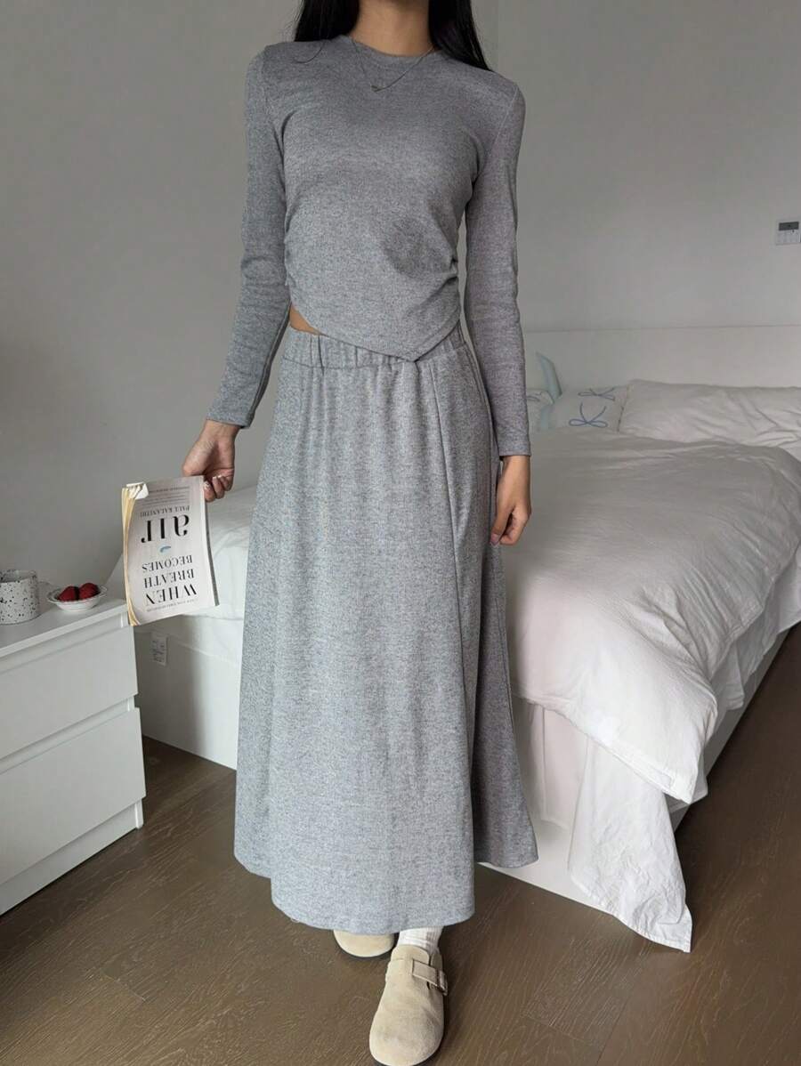 SHEIN EZwear 2 Pieces Women's Thermal Lined Long Sleeve Top And Long Pants Set, Suitable For Autumn/Winter - Grey - View 1