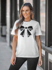 SHEIN LUNE Women Casual Round Neck Butterfly Print Fitted T-Shirt,Bow - White - View 5