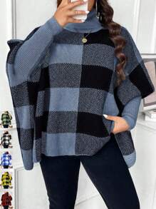 Celure Plus Size High Neck Long Sleeve Plaid Simple Casual Pullover Sweater