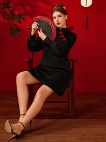 SHEIN Unity Plus Size Solid Color Splice Stand Collar Long Sleeve Short Elegant Dress - Black - View 1