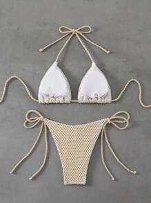 2pcs Women Summer Beach Outfit, Plain Textured Fabric Halter Triangle Bikini Top And Side Tie Swim Bottoms