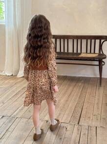 SHEIN LMoss Kids LMoss Young Girl Knit Solid Color Stand Collar Patchwork Floral Puff Sleeve Dress