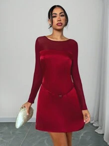 Glamine 女士时尚通勤网眼撞色优雅修身 A 字迷你红色连衣裙酒红色缎面女装 - 酒紅色 - 查看 6