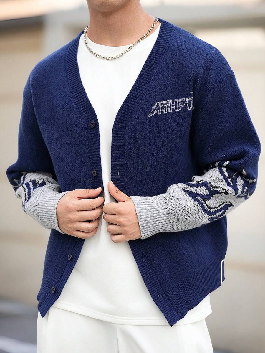 Manfinity Homme Men's Button Front Long Sleeve Minimalist Graphic Casual Daily Wear Graphic Drop Shoulder Flame Color Block Cardigan, For Husband, Boyfriend Gifts - Multicolor - View 1