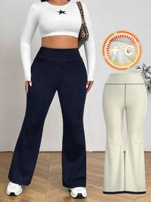 SHEIN EZwear Plus Size Women Casual Plain Fleeced Bell-Bottom Sweatpants For Autumn/Winter Thermal - Navy Blue - View 5