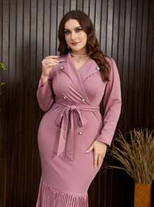 Modelyn Plus Size Solid Color Button Down Long Sleeve Tie Front Casual Dress