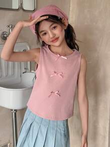 DAZY Áo tank top không tay cổ tròn màu trơn cho bé gái tuổi teen, có nơ trang trí, thích hợp cho mùa hè và năm học mới. - Hồng - Xem 4