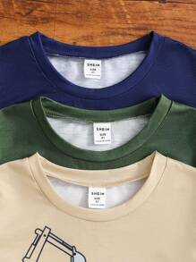 paquete de 3 camisetas de manga corta con cuello redondo para niños pequeños con estampado de coches y camiones de dibujos animados, de uso diario y para la escuela, para el verano
