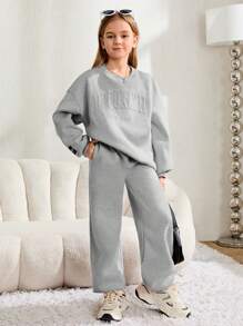 SHEIN Leap Crew 少女宽松休闲字母压纹拼接细节字母图案圆领套头卫衣和运动裤两件套 - 淺灰色 - 查看 8