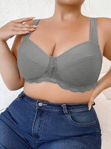 1pc Plus Size Wireless Thin-Cup Bra, Suitable For Wedding Season - Grey - View 5