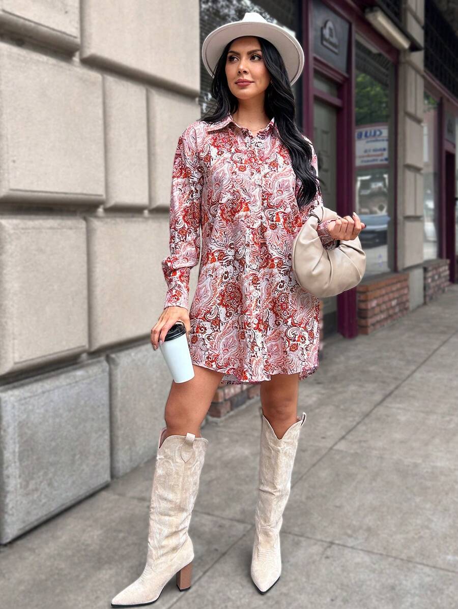 SHEIN LUNE Women's Floral Print Button Front Long Sleeve Casual Mini Dress - Multicolor - View 1