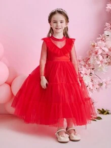 Glamorique Kids Vestito di Natale per bambini, con patchwork di pizzo e tulle, stile abito da festa con gonna a palloncino, costume da rappresentazione sul palco per ragazze in rosso - Rosso - Visualizzare 6