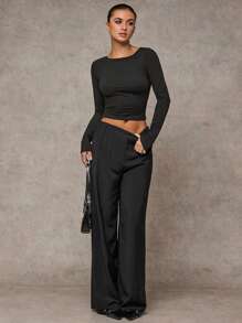 SHEIN BAE Women's Fancy Sparkly Rhinestone Embellished Black Wide Leg Pants, Suitable For Everyday Wear, Concerts, Cocktail Parties, Celebrations And Night Outs - Black - View 4