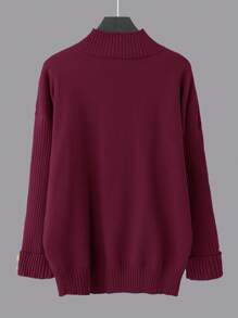 SHEIN LUNE Plus Size Women's Round Neck Button Decor Pullover & Wide Leg Pants 2 Pieces Set, Casual Loose Autumn/Winter Knit Suit - Burgundy - View 9