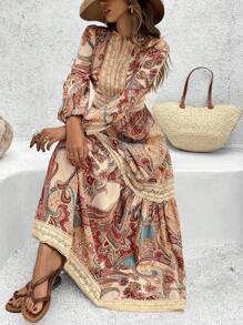 Vivid Eden Women's Floral Print V-Neck Splicing Lace Dress, Elegant For Holiday, Long Sleeve Dress, Commute, Minimalist, Office, Old Money, Simple, Button Down Dress, Fall Women Outfits, Winter Inside Out Dress, Summer Clothing,Vacation Style