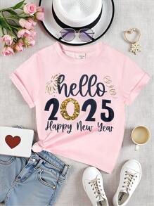 SHEIN Kinder (klein) T-Shirt, Mädchen Frühlings-/Sommerbekleidung, Rundhals Pullover T-Shirt, weißes süßes Sonnenmotiv, Lässig, bequem locker geschnitten, Lustiger Grafik-Muster, Neujahrsstimmung, Feuerwerksblitz, glitzernde Partikel, 2025 FROHES NEUES JAHR, passende Familienoutfits