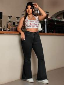 SHEIN EZwear Plus Size Casual Versatile Frayed Hem Slim Fit Flare Leg Jeans