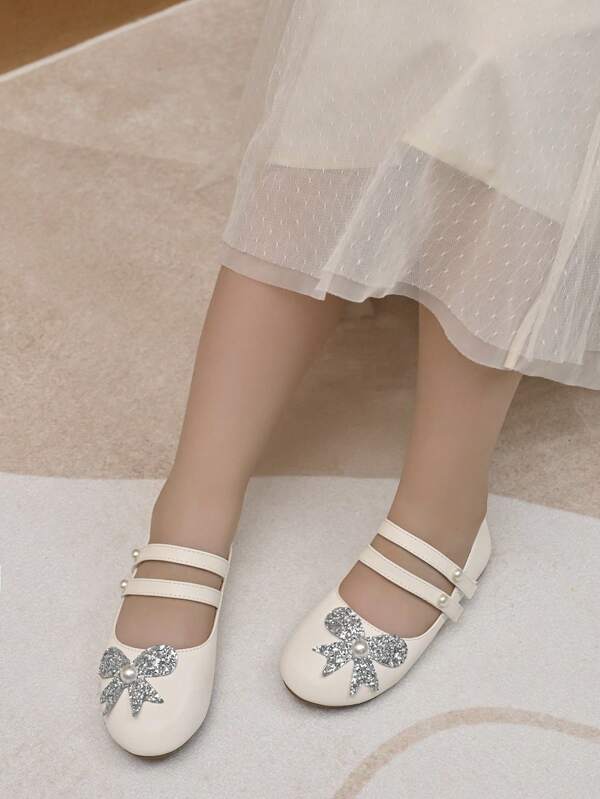 1 Pair Girl's Fashion Elegant White Pearl Shiny Bow Flat Shoes, Suitable For Wedding, Holidays