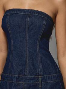 MISSGUIDED 无肩带牛仔迷你连衣裙束腰风格深色水洗褶裙复古西部风节日 Y2K 时尚夏季派对俱乐部服装秋季连衣裙