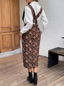 SHEIN LUNE Brown Jacquard Suspender Long Pencil Dress, Christmas And Thanksgiving Dress