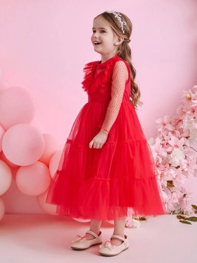 Glamorique Kids Christmas Children Party Lace Patchwork Tulle Puff Dress Girls Red Stage Performance Costume