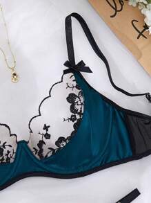 2 piezas Conjunto de lencería elegante de mujer con bordado floral de malla