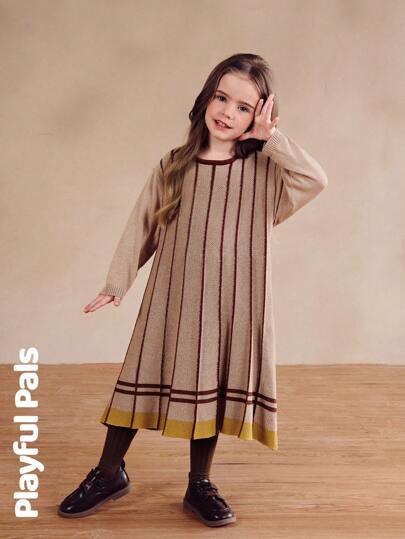 SHEIN 1 件经典条纹复古色喇叭形长款针织毛衣连衣裙，适合年轻女孩