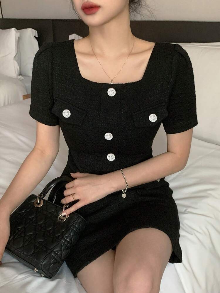 Women's Black Contrast Color Tie-Back Single-Breasted Short Sleeve Elegant Dress, For Work