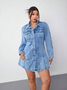 SHEIN EZwear Plus Size Front Button Long Sleeve Pocket Simple Short Denim Dress - Blue - View 6