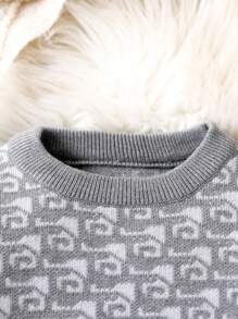 Baby Girls 2pcs Set Grey Co-Ord Outfit,Checkerboard Knitted Crew Neck Sweater & Wide Leg Pants,Casual Autumn Back-To-School Fashionable Knitwear Set - Multicolor - View 4