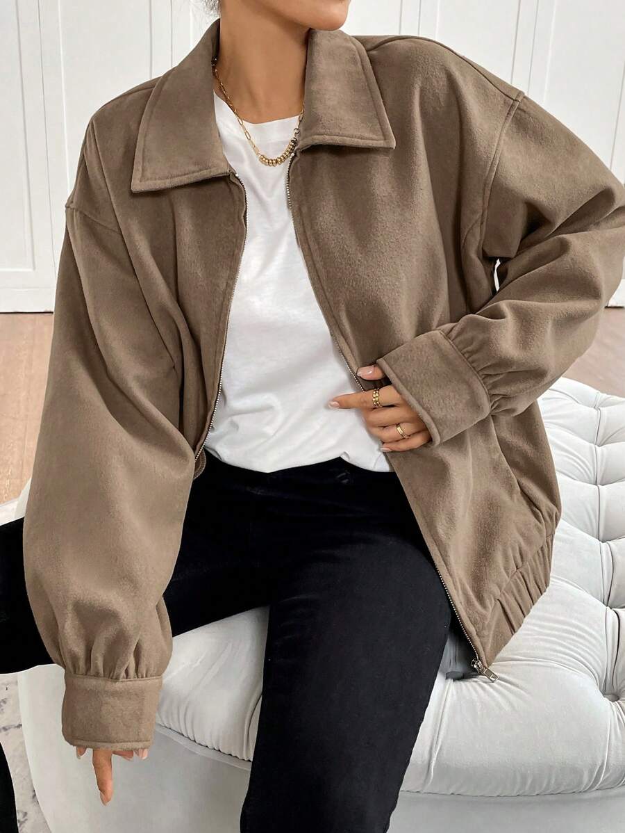 SHEIN EZwear Women Solid Color Zipper Casual Loose Fitting Long Sleeve Jacket - Brown - View 1