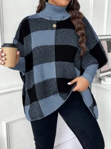 Celure Plus Size High Neck Long Sleeve Plaid Simple Casual Pullover Sweater