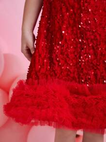 Glamorique Kids Vestito da festa di Natale per ragazze, abito da cerimonia per bambini, abito da Ognissanti, vestito da ballo, vestito rosso da bambina con paillettes e perline in rete con balze, adatto per esibizioni, stile europeo e americano di lusso per festa di vacanza - Rosso - Visualizzare 7