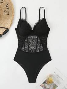女士黑色蕾丝性感支撑连体泳衣（带骨），夏季 - 黑色 - 查看 3